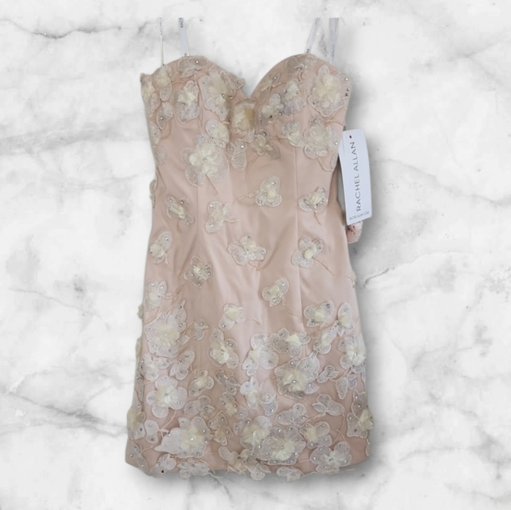 Women's Rachel Allan Strapless Nude 3D Flower Applque Dress Sz 10 NWT